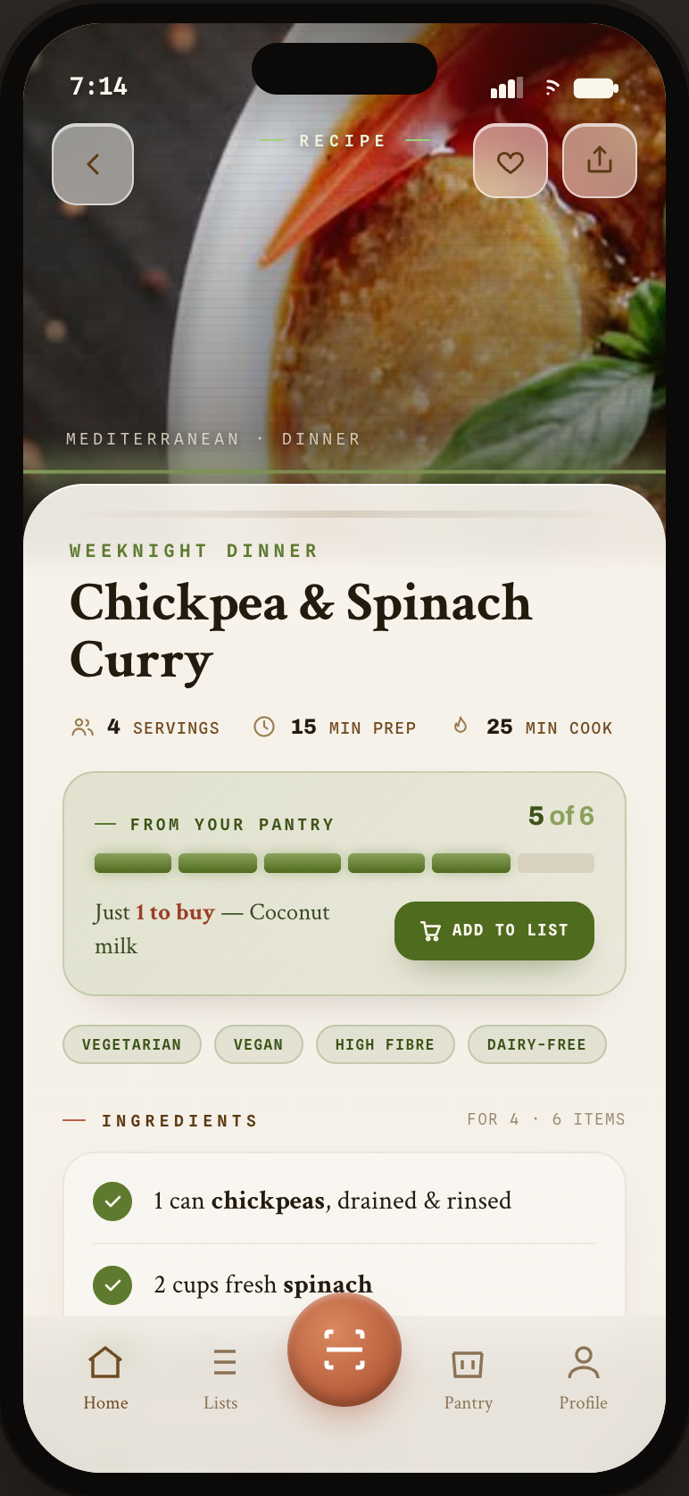 Recipe detail showing five of six ingredients in your pantry